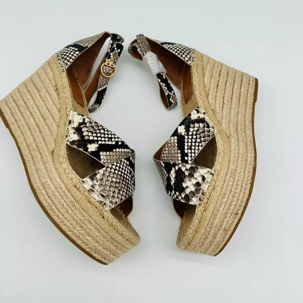 Tory Burch Selby Snake Printed Leather Wedge Platform Espadrille Sandals Size 11